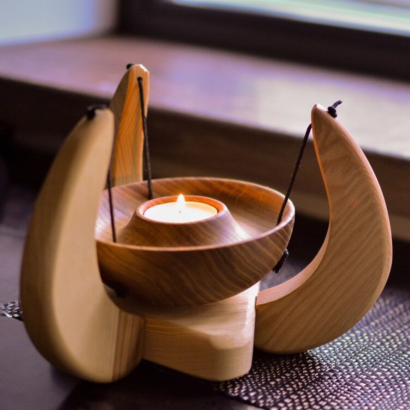 Elegant minimalist wooden suspended tealight holder, design for whimsical floating ambient light