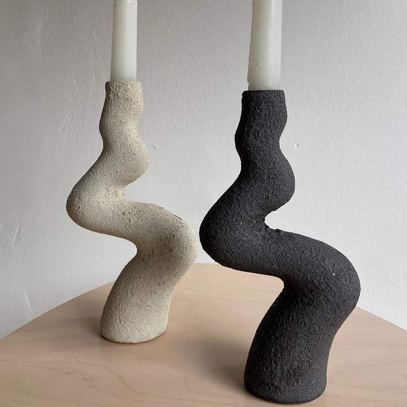 Side View of Beige & Black Twisted Wave Ceramic Candle Holders Pair - Artistic Table Decor