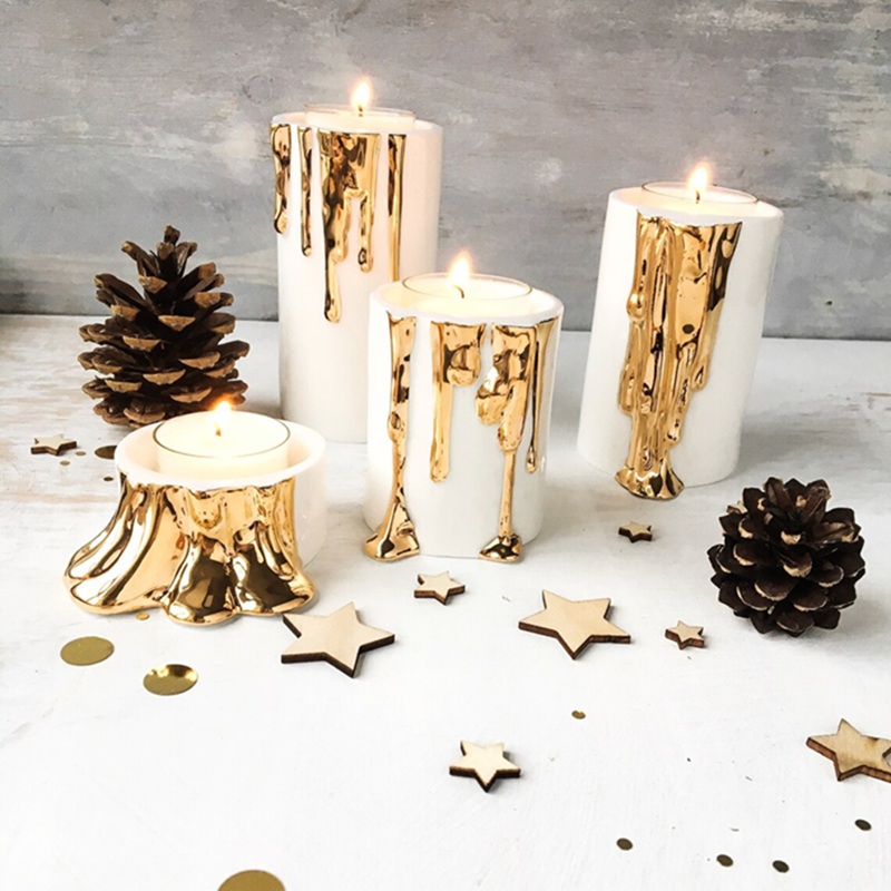 White & Gold Drip Ceramic Tealight Holder Set (Christmas Pinecone & Star Decor)