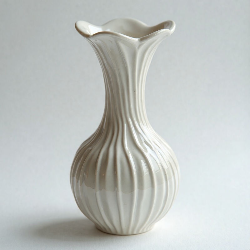 White ceramic vase with compact curved rim and vertical pleats
