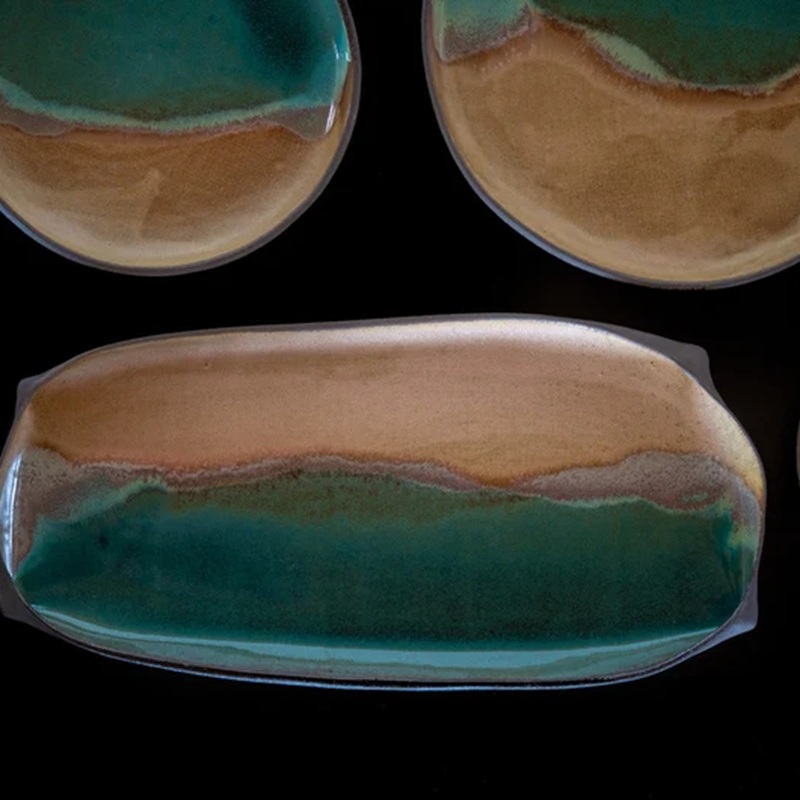 Gradient Glaze Ceramic Dinnerware Set (Oval & Round Plates) with Earthy Teal and Warm Beige Texture