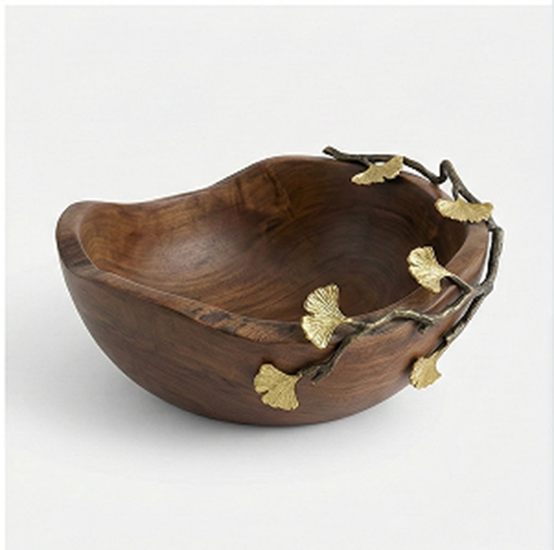 Luxury handcrafted walnut wood irregular serving bowl with brass ginkgo leaf decor, perfect for elegant food presentation and table decor