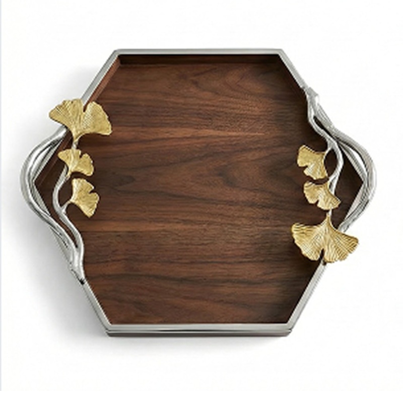Luxury gold ginkgo leaf hexagonal walnut serving tray with silver handles, elegant kitchen and dining decor